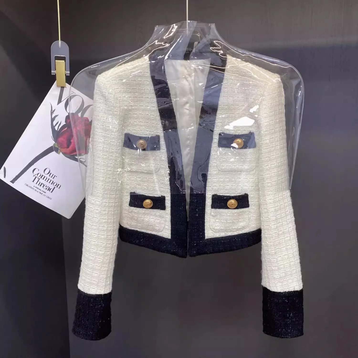 Dames Kleine Geurstof Tweed Jas Stijlvolle V-Hals Casual Blazer Lange Mouw Cropped Jack Elegante Dames Outwear Lente