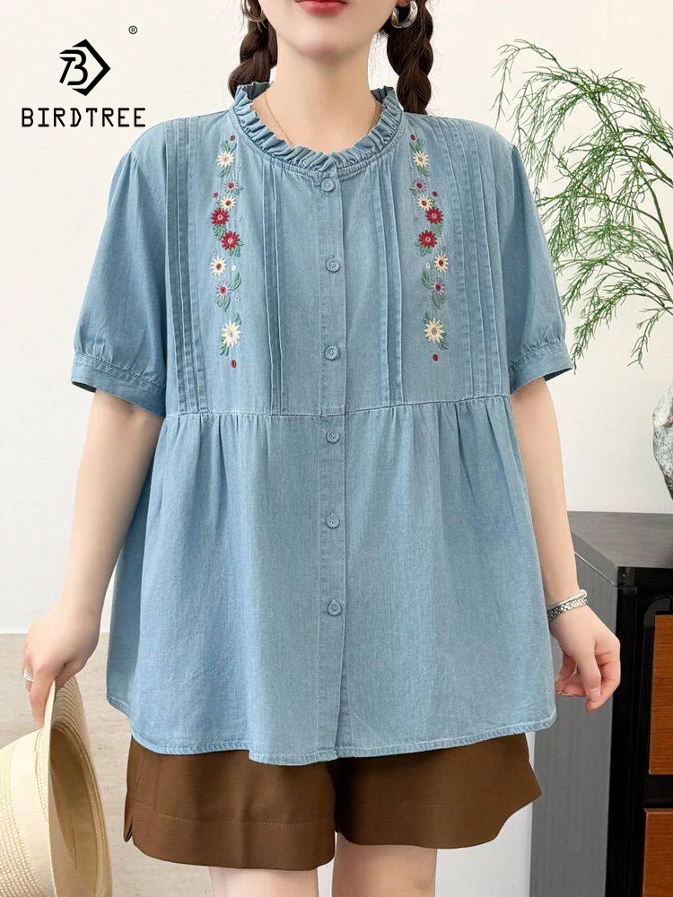 

New 2026 Summer Women Denim Short Sleeve Shirt, Ruffled Embroidery, Mori Girl Age Reduction Preppy Style Loose Blouse T66421CC