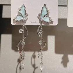 Romantic Long Rhinestone Tassel Butterfly Earrings For Women Delicate Blue Enamel Pearl Butterfly Earrings Wedding Party Jewelry