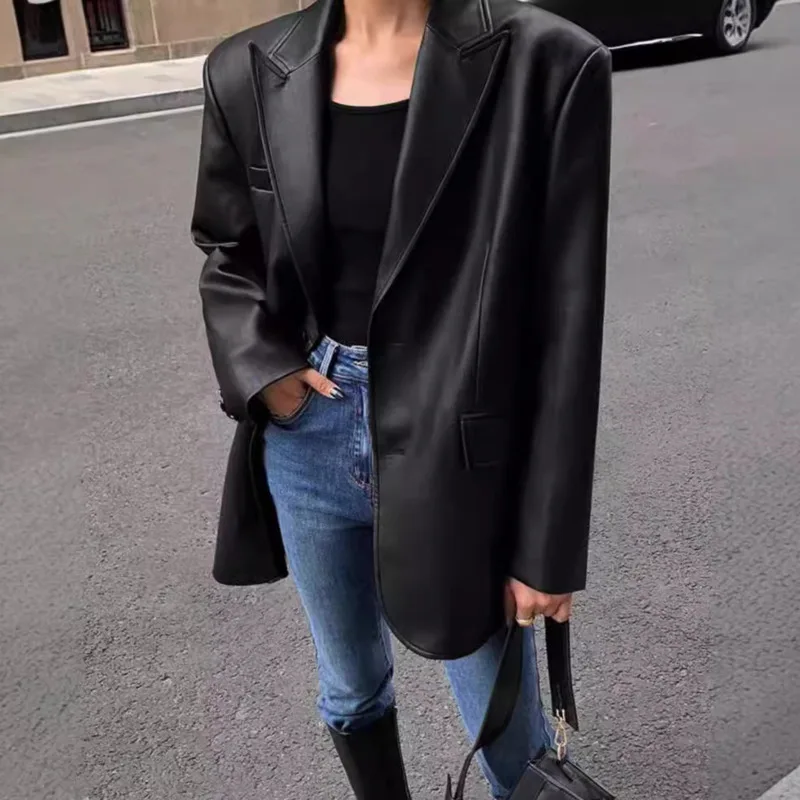 Giacca in pelle minimalista alla moda da donna Autunno Inverno Texture PU sciolto Elegante schema di colori caramelle Giacca da abito in pelle versatile