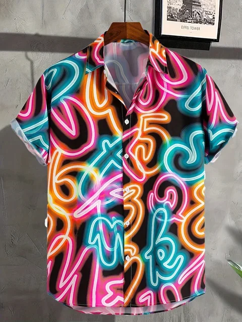 New Men's Neon Style Print Lapels Button Up Casual Short Sleeve Shirts Men's Clothing For Summer Hawaii Shirt Men's Streetwear