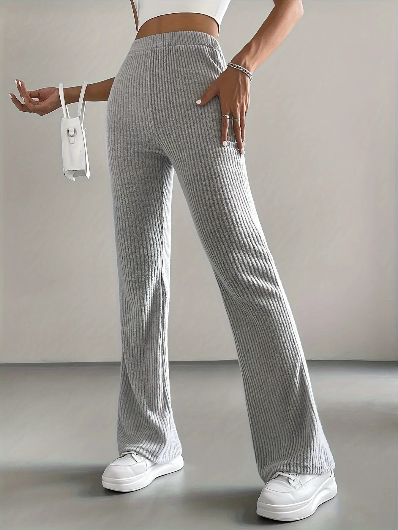Ladies Pure Color Casual Pants 2025 Spring Autumn Fashion Bell Bottoms Knitted Trousers Slim Fit Long Pants