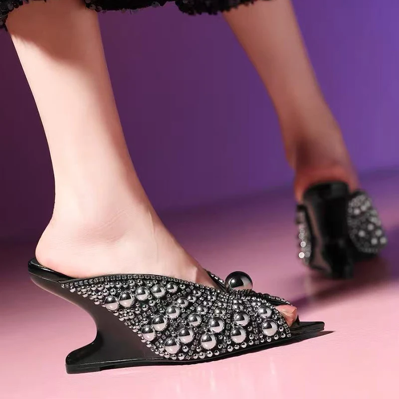 White Pearls Pointy Toe Wedges Slippers Genuine Leather Women's High HeelsSandals Party Wedding Dress Shoes Luxury Designer Pump image 2