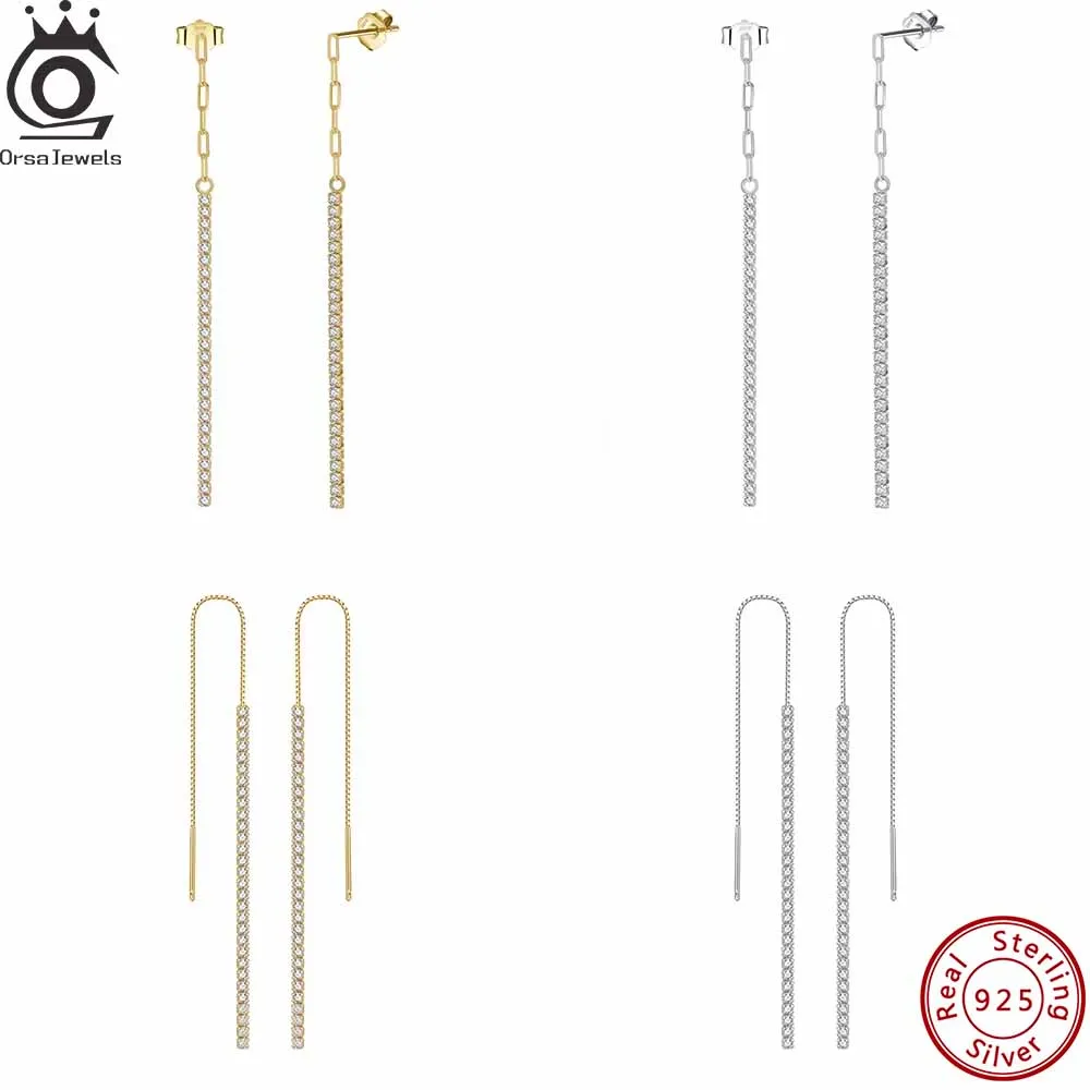 ORSA JEWELS 14K Gold CZ Zircon Long Tassel Drop Earrings Necklace Sterling Silver 925 Tennis Paperclip Chain Jewelry Women SE111