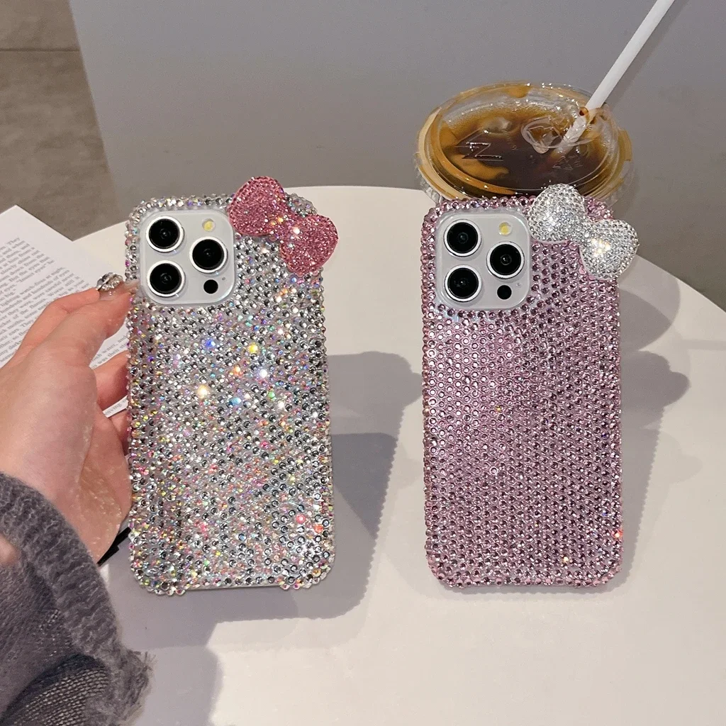 Stylish BlingBling Stereoscopic Bowknot Rhinestone Decoration Phone Cover Case for iPhone 16 15 14 13 12 11 Pro Max Plus