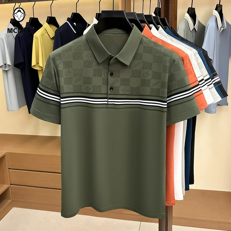 High elastic mens grid print polo short sleeve shirt thin lapel two button collar multi scene business casual daily garment