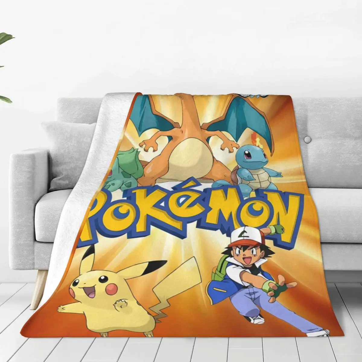 Poke-mon Pikachu Blanket Warm Funny Plush Bedding Throws For Living Room Airplane Travel Flannel Bedspread Bed Cover