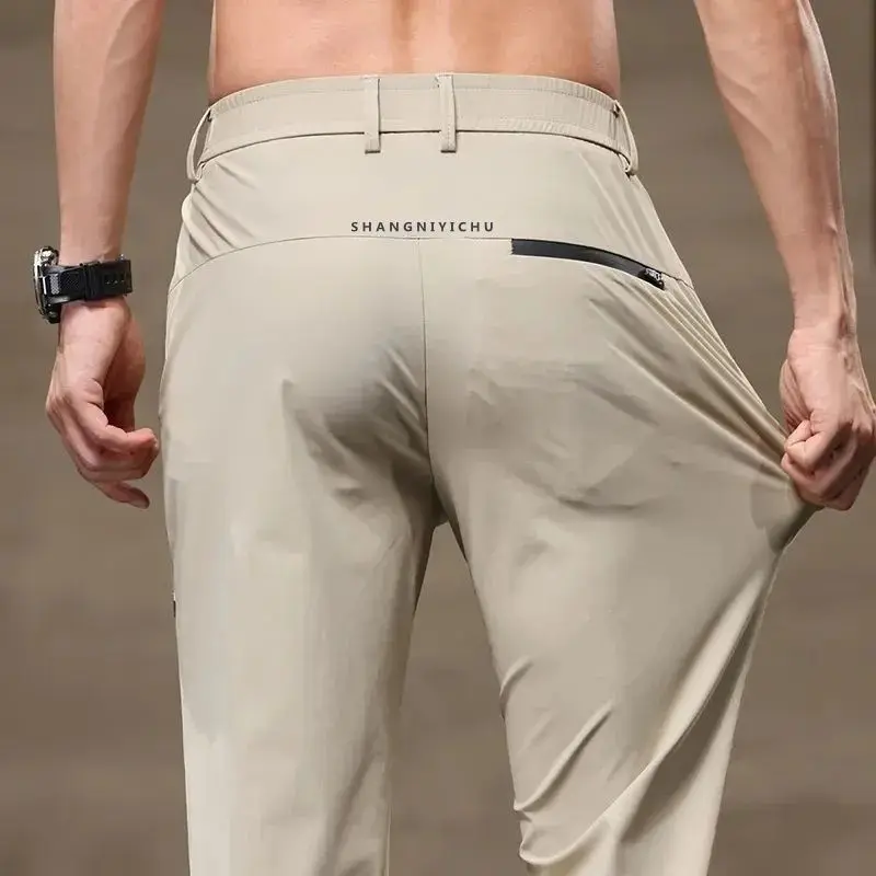 Celana Kasual Tipis Sutra Es untuk Pria Celana Bisnis Mewah Kaki Lurus Longgar, Celana Pria Musim Panas Modis