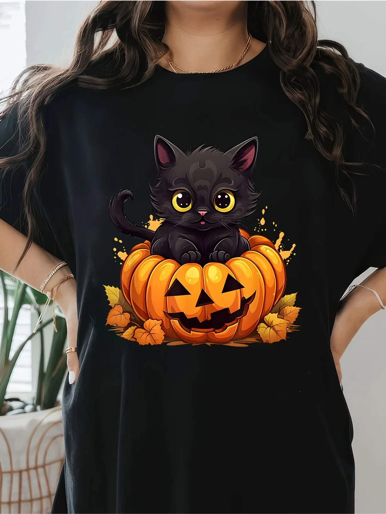Black Cat Pumpkin Fun Horror Cat T-shirt Perfect for Halloween Celebrations and Decorations Harajuku Short Sleeve Casual