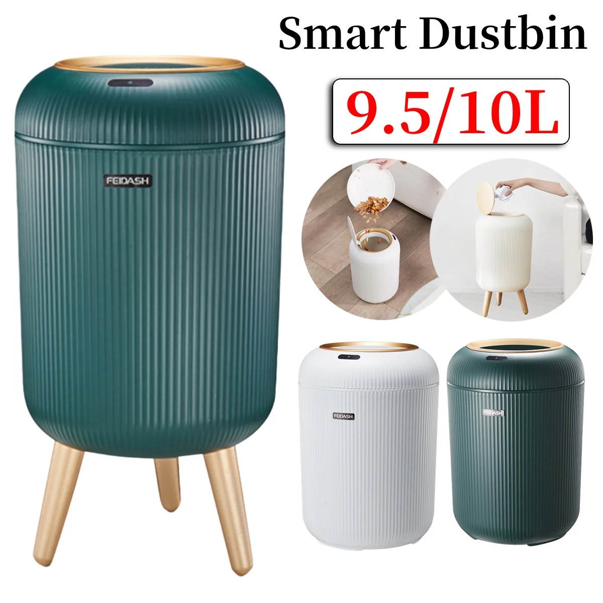 

9.5L/10L Smart Dustbin with Lid Automatic Sensor Trash Can Dispenser Non-slip Footbed for Kitchen/Bedroom/Living Room/Office