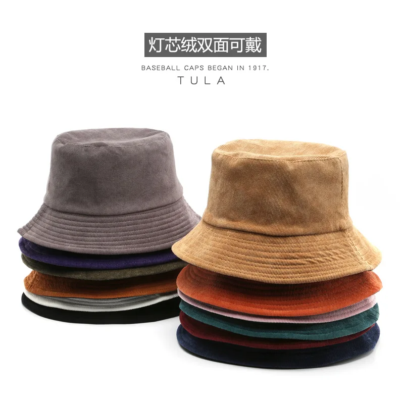 Unisex Corduroy Fisherman Hat Curved Brim Double-sided Solid Color Outdoor Warm Soft Plush Leisure Travel Sunshade Panama Hat