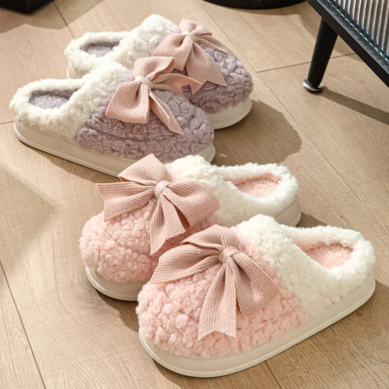 Lace Bowknot Faux Fur Slippers for Women Sweet Winter Soft Plush Home Slippers Woman New 2023 Non-Slip Warm Indoor Cotton Slides