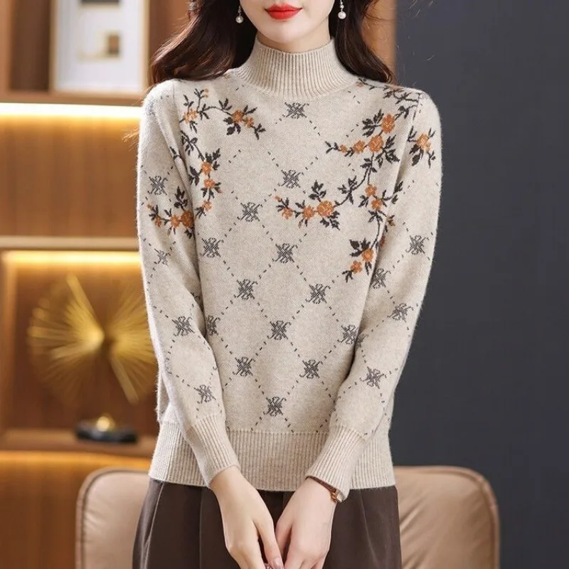 Women Sweater Pullovers Vintage Floral Print Jacquard Knit New Loose Thickened Chic Sweater for Women Short Tops Tide High Neck