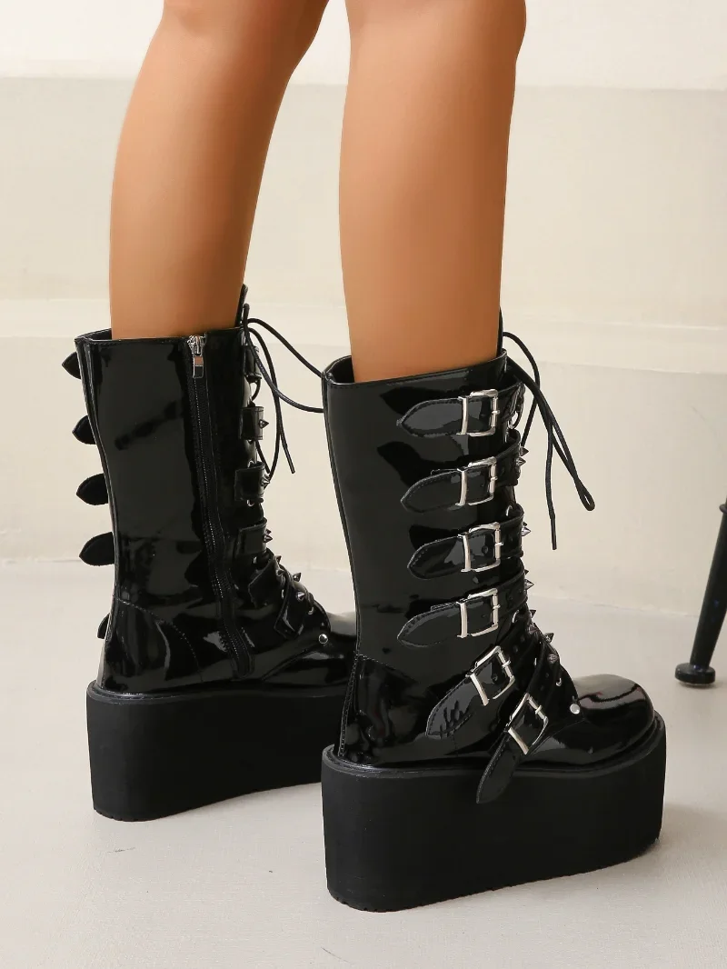 Plus Size43 Platform Boots Gothic Woman Lady Buckle Autumn Shoes Women Knee High Punk Street Cosplay Botas Motorcycle Footwear