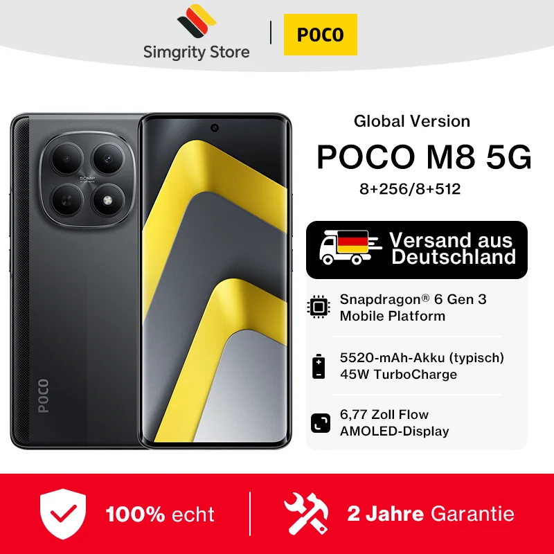 Globale Version POCO M8 5G Snapdragon 6 Gen 3 Prozessor Handy Smartphone 6,77" AMOLED-Display 50 MP Hauptkamera 5520 mAh (typisch) Akku 45 W Turbo-Ladefunktion POCO Mobiltelefon