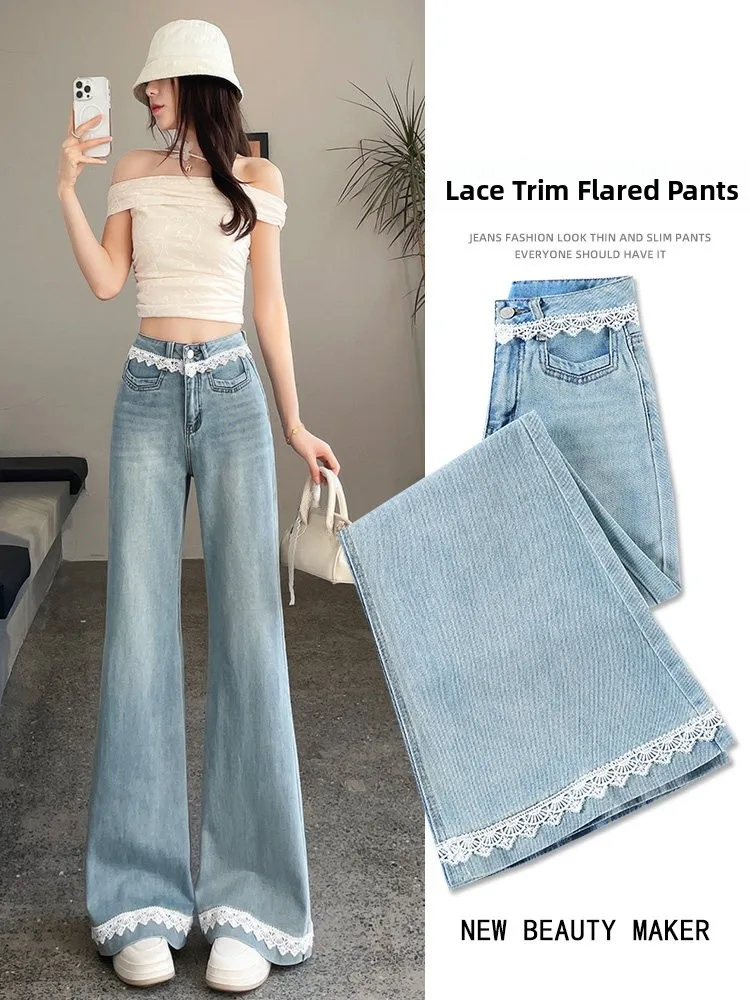 

Lace Trimmed Bell Bottom Jeans Women's Spring Autumn New Style plus Size High Waist Wide Leg Hoof Pants Commute Style