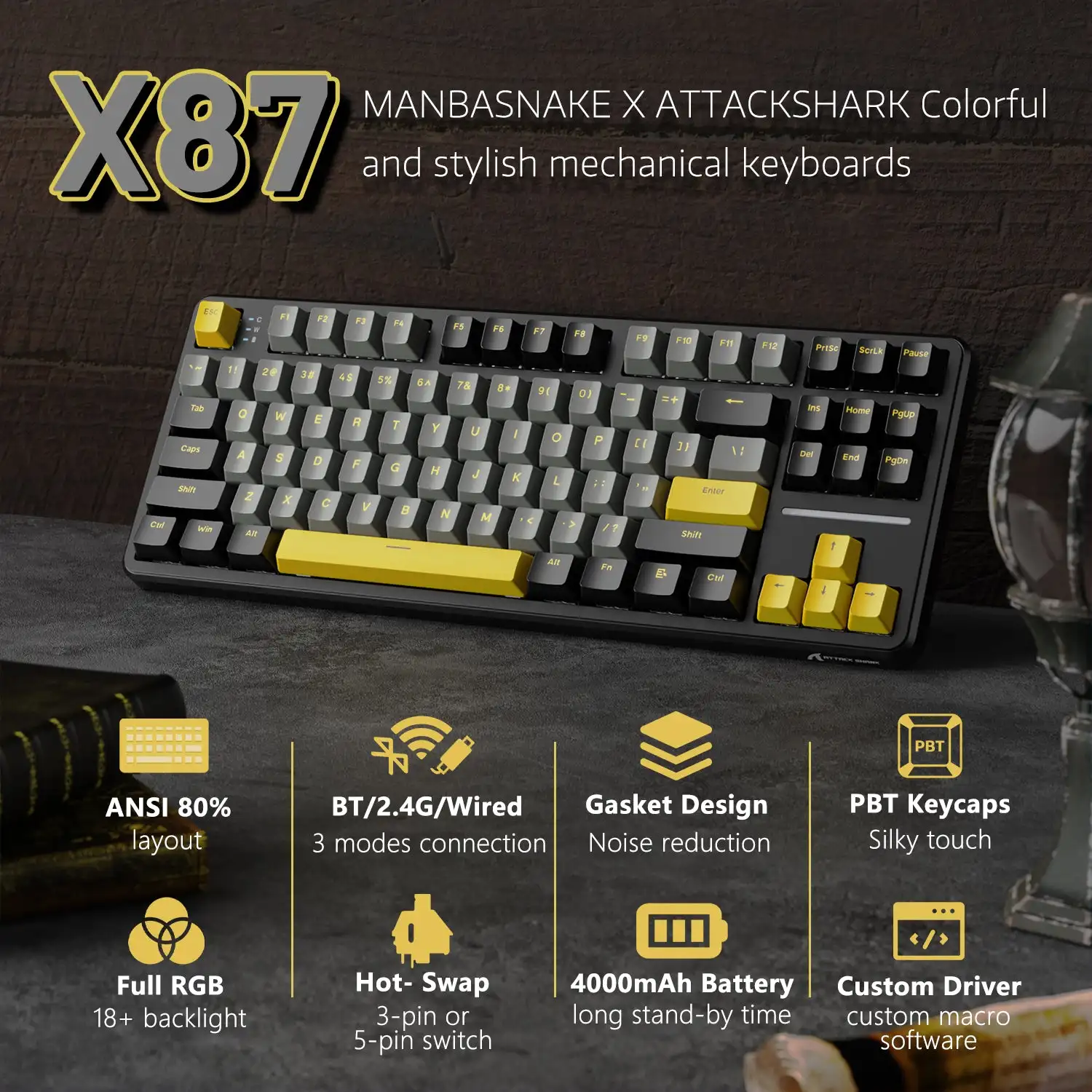 

Механическая игровая беспроводная клавиатура ATTACK SHARK X87 с тремя режимами подключения (BT5.0/2.4G/USB-C), с возможностью горячей замены переключателей, кастомизируемая, предварительно смазанная, с технологией Gasket.