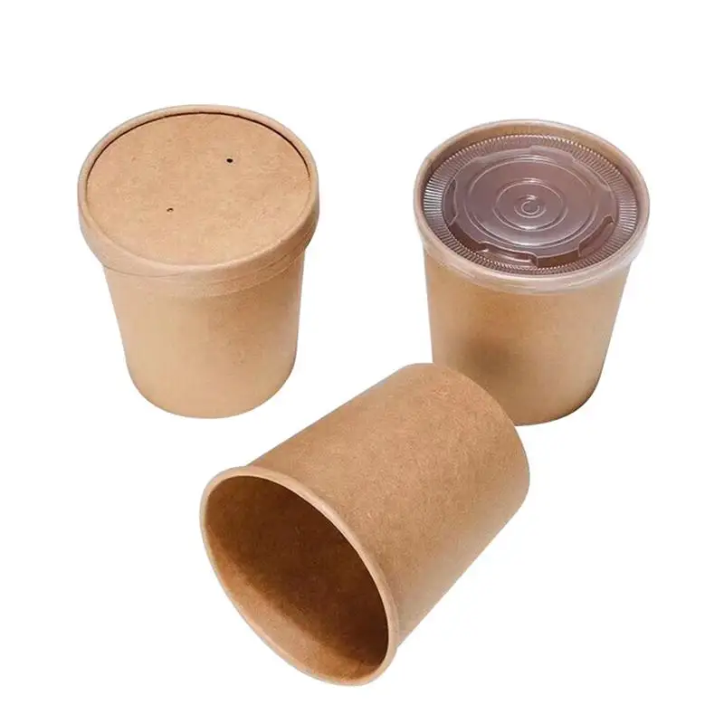 50 Pcs 12 Oz Hot Soup CupThicken Disposable Oirl-proof Kraft Paper Barrel Soup Container With Lids (50 Paper Cup + 50 Paper Lid)