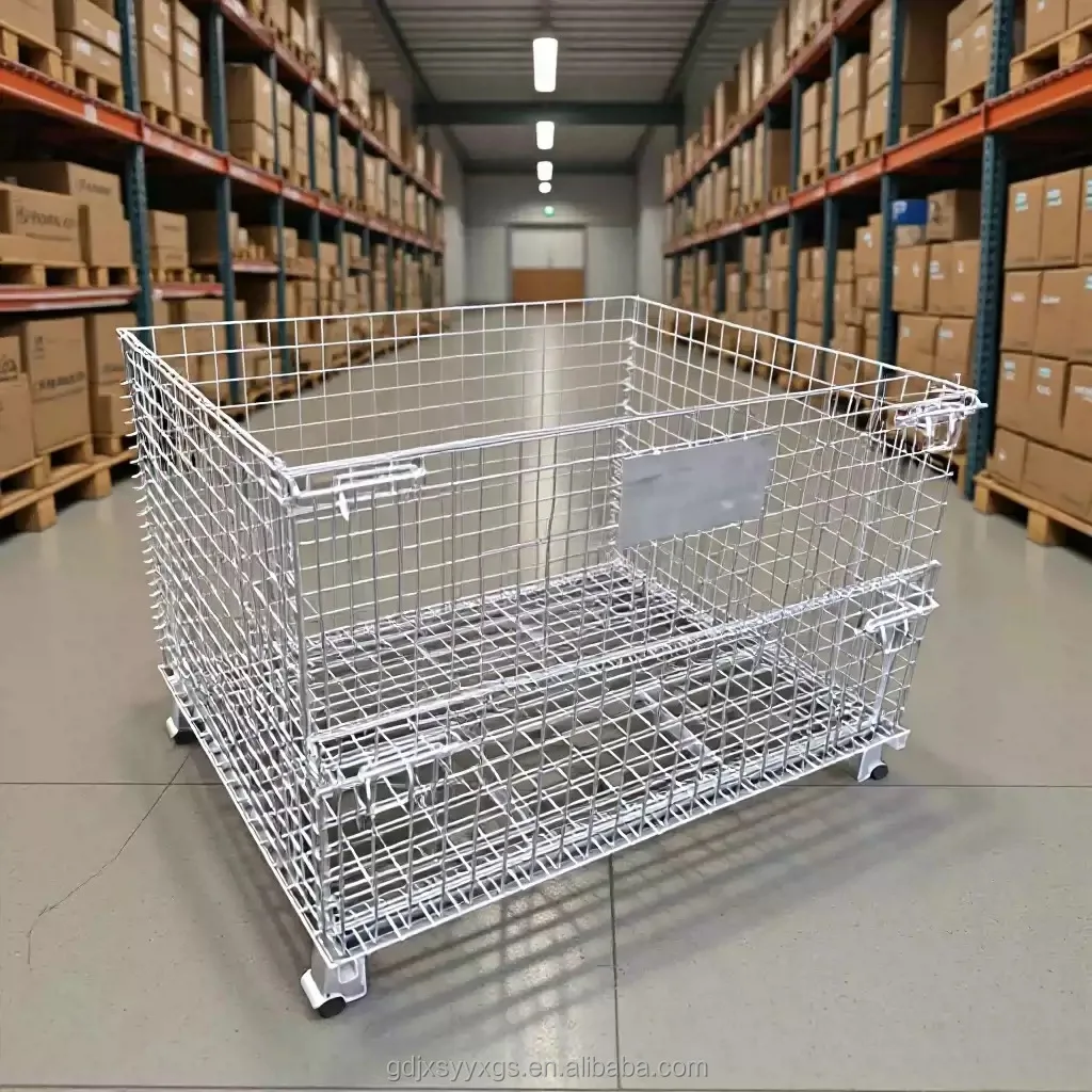 

High Quality Logistics Collapsible Stackable Metal Pallet Steel Wire Mesh Container Storage Cages For Warehouse