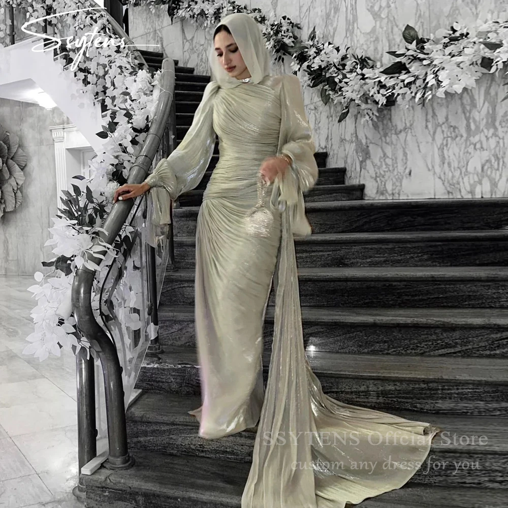 

SSYTENS Modest Silk Satin Evening Dresses Moroccan Kaftan Long Sleeves Prom Dresses Saudi Pleats Prom Dresses Dubai Customized