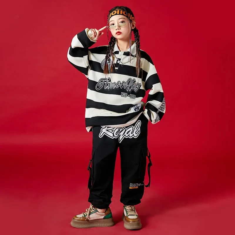 Boys' Street Dance Performance Clothes, Skateboarding Sports Loose Suits, Spring and Autumn Long-sleeved Striped Outerwear