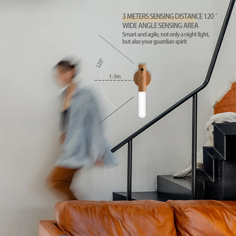 مصباح حائط LED لاسلكي بمستشعر للحركة ، ضوء ليلي دافئ ، عصا خشبية ، خزانة ممر ، ضوء خزانة ملابس ، ديكور منزلي