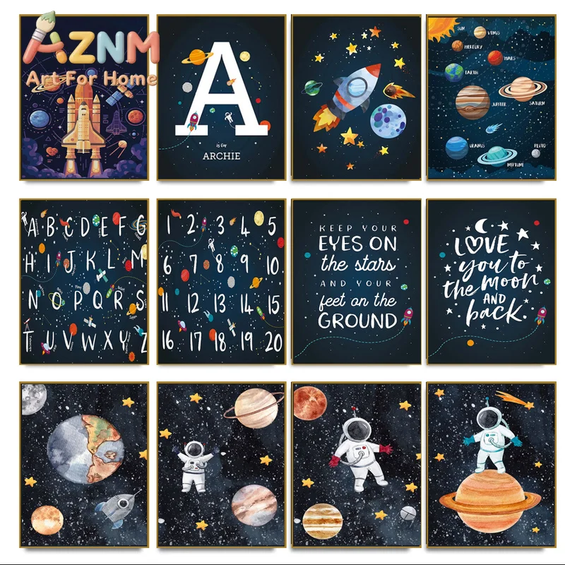 Abstract Number Alphabet Rocket Planet Astronaut Canvas Painting Nordic Prints and Poster Wall Art Picture for Living Room Decor