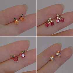 Sweet Cute Crystal Orange Apple Cherry Stud Earrings for Women Girls Delicate Fruit Earring Party Jewelry Accessories Gifts