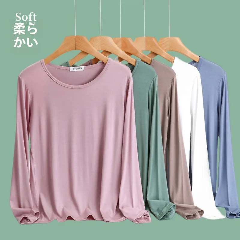 Modal Women's Plus Size round Neck T-shirt Spring and Autumn Thin Long Sleeve Inner Bottoming Shirt Casual Can Be Worn Alone ...