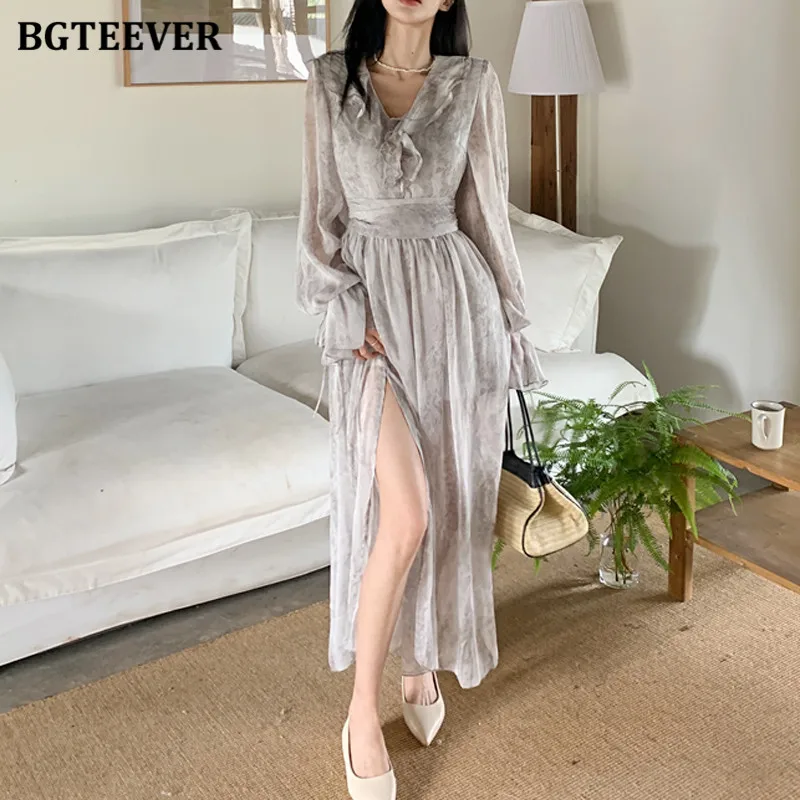 BGTEEVER Vintage Ruffles V-neck Women Floral Dress Elegant Full Sleeve Slim Waist Split A-line Ladies Long Dress Spring Summer