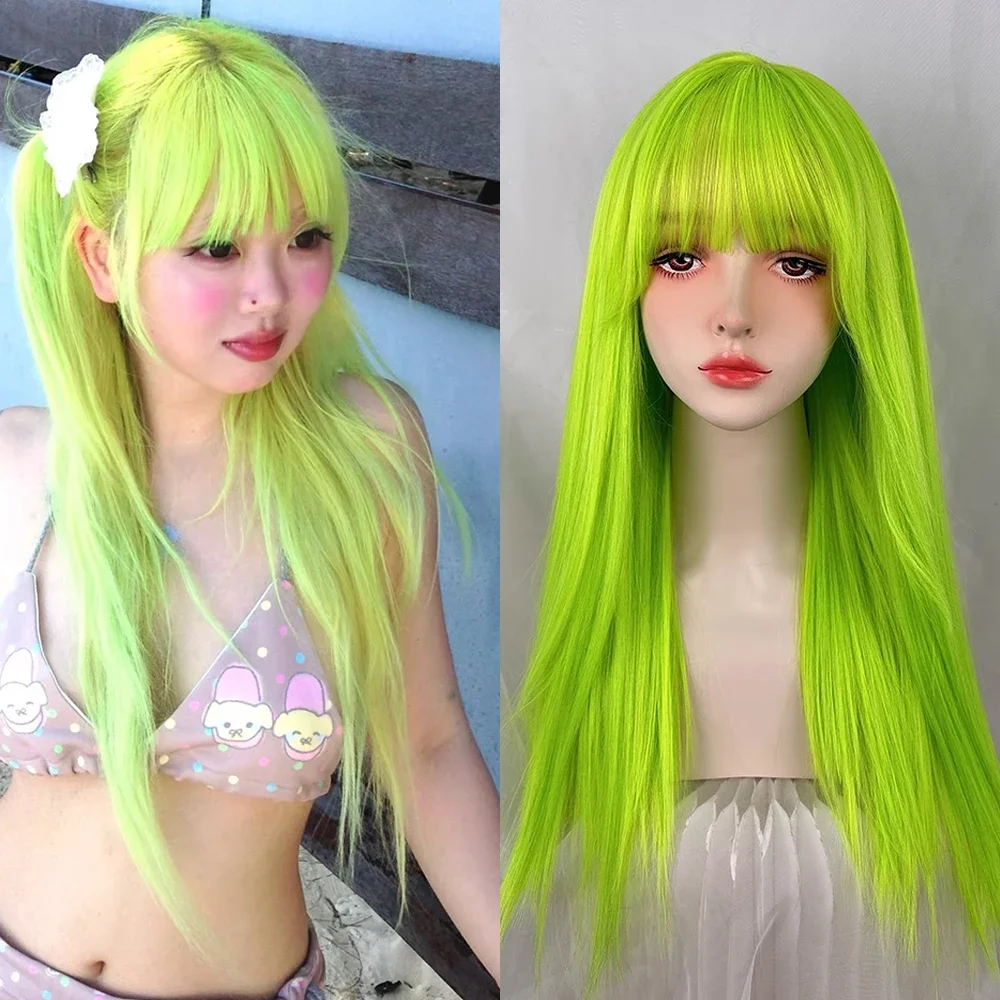 

Длинные прямые парики Зеленый синтетический с челкой Лолита Косплей Пушистый женский термостойкий парик для повседневной вечеринки