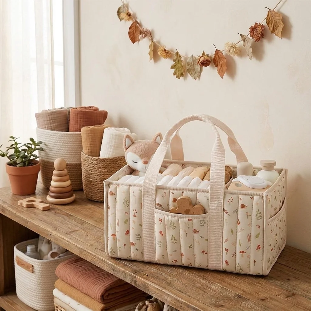 New Large Capacity Diaper Organizer Floral Newborn Essentials Nursery Storage Basket Portable Diaper Storage Bag Outdoor Travel