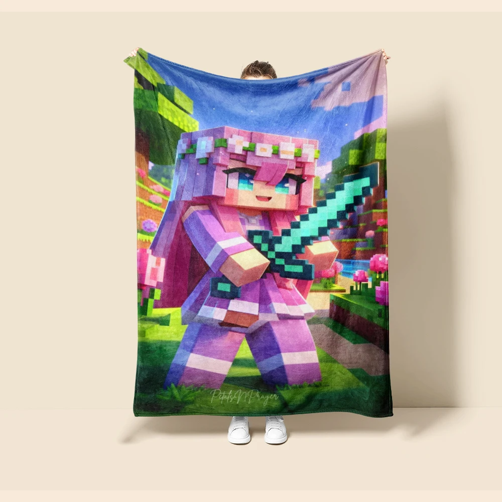 Kids Throw Blanket Cartoon Minecraft Flannel Blanket Soft Warm Comfortable for Living Room Car Camping Bedroom view 2