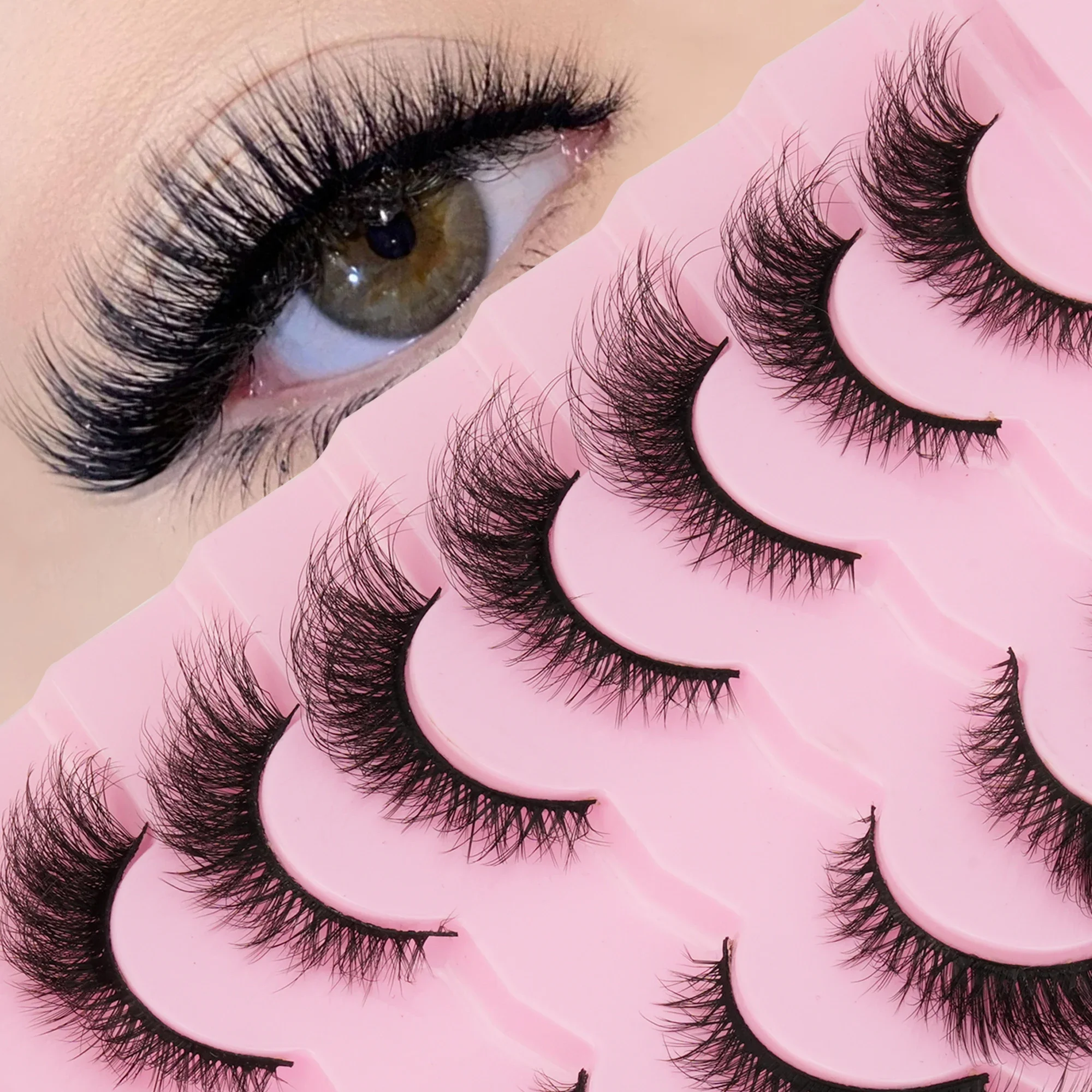 7 Pairs 3D Fluffy Wispy Cat Eye False Eyelashes Fox Eye Winged Faux Mink Soft Band Reusable Fake Lashes for Party Makeup