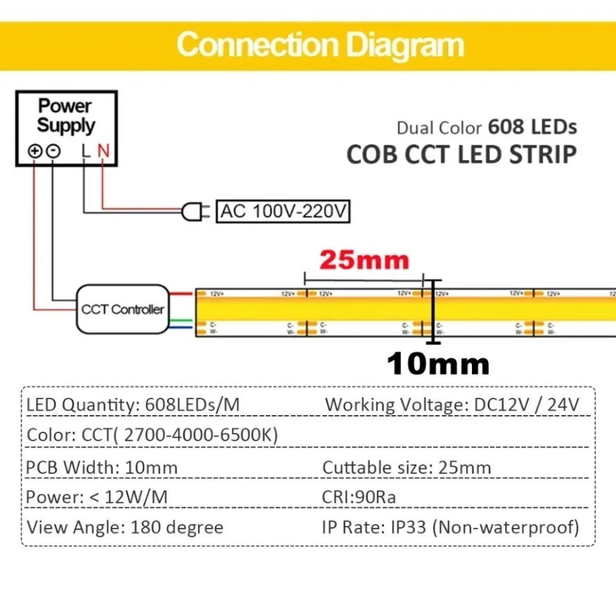 Tira de luces LED FCOB CCT de alta densidad, Flexible, FOB, COB, 10mm, RA90, 608 K a 2700K, lineal, regulable, DC12V/24V, 6000 Led/M