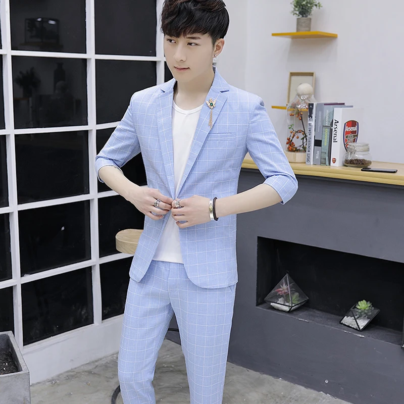 

Slim Fit Summer New Men's Plaid Thin Middle Sve Suit Casual Faionable Metal Decoration No Ironing Proc Polyester Fiber