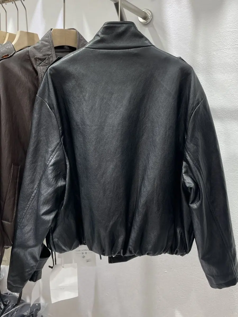 Faionable Stand Collar PU Leather Jaet Women's ort Sle 2025 Autumn New Loose Slimming Motorcycle Biker Coat