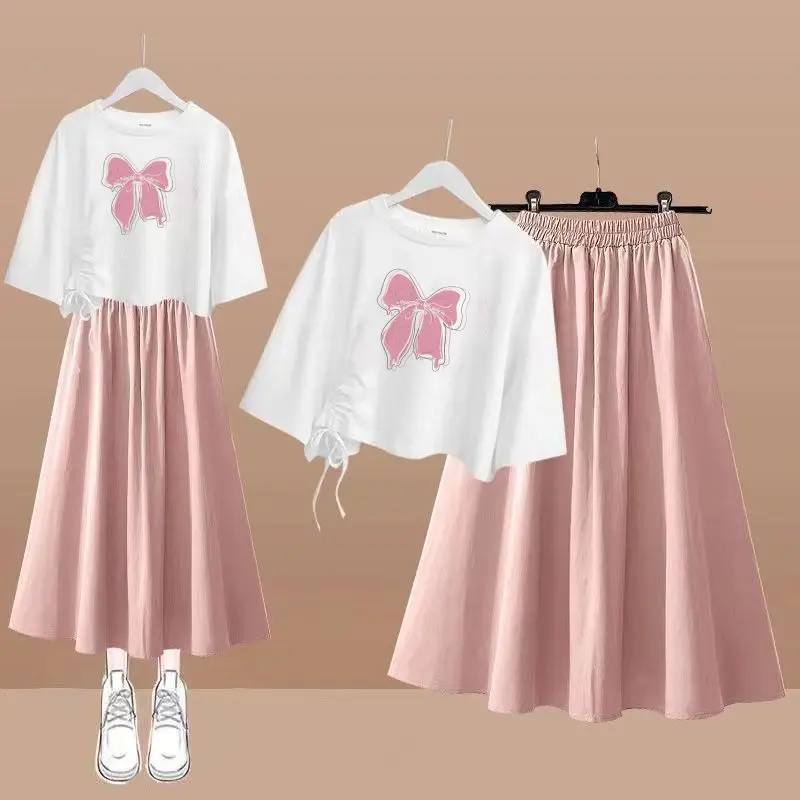 

Casual Loose T-irt Skirt Set for Junior High School Students Summer Faion Two-Piece Suit Polyester Fiber ort Sve rou...