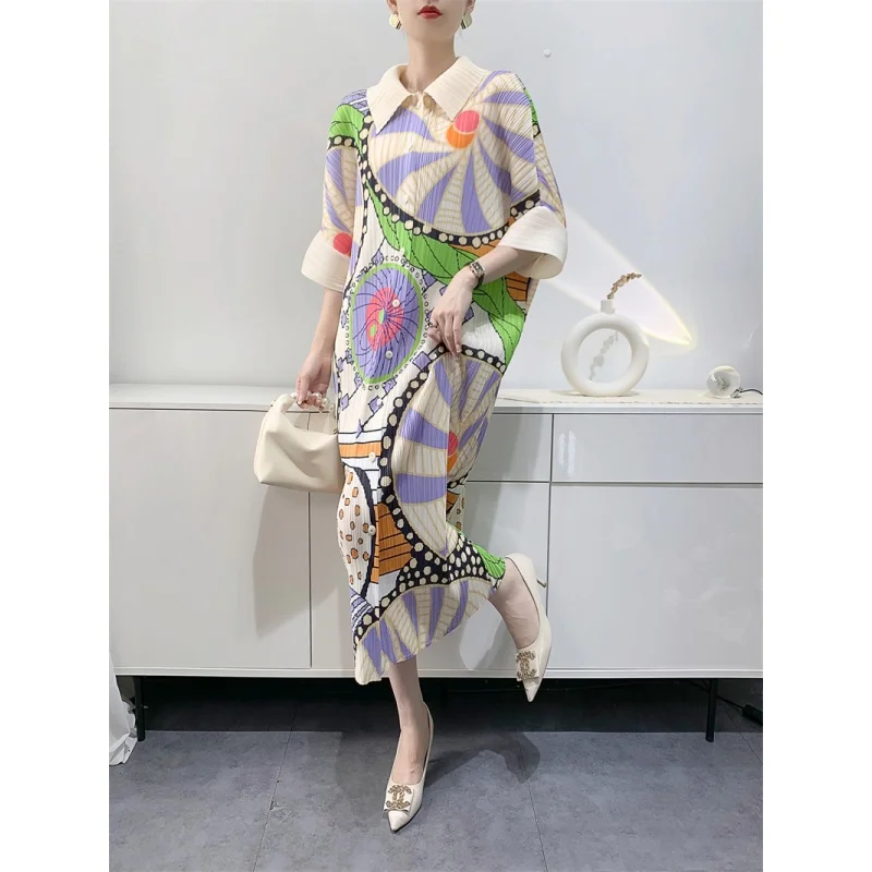 Boutique MIYAKE Pleated Style New Spring/Summer Printed 100 Loose Size Mom\'s Medium Length Pleated Dress [L-303]