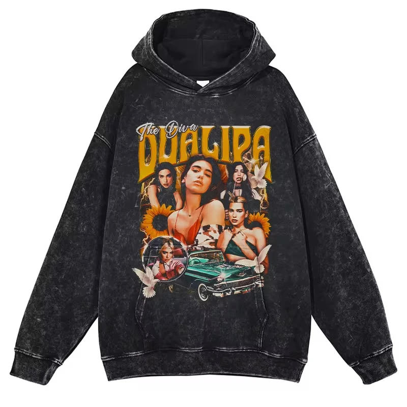 Lipa Hoodies Female Singer Model Dua Print Vintage Washed Hooded Sweatshirts Oversized Pullover Harajuku Retro Hoodie Men Cotton