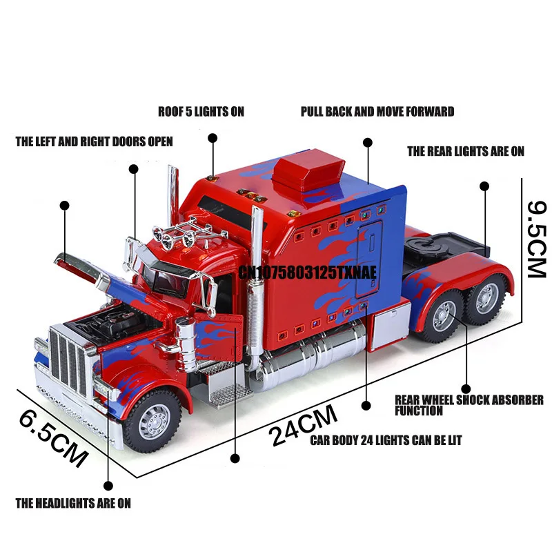 1:24 Peterbilt 389-Optimus Prime Prototype Alloy Trailer Head Car Model Diecasts Toy With Sound and Light Vehicles Toys For Kids