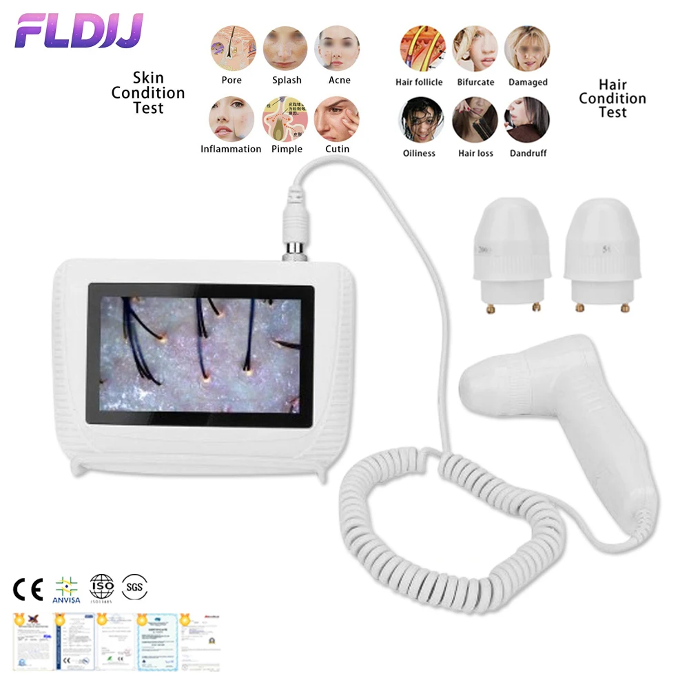 

5-дюймовый анализатор кожи и волос с линзами 50X/200X, цифровой ЖК-микроскоп, перезаряжаемый портативный сканер для диагностики кожи головы и ухода за волосами