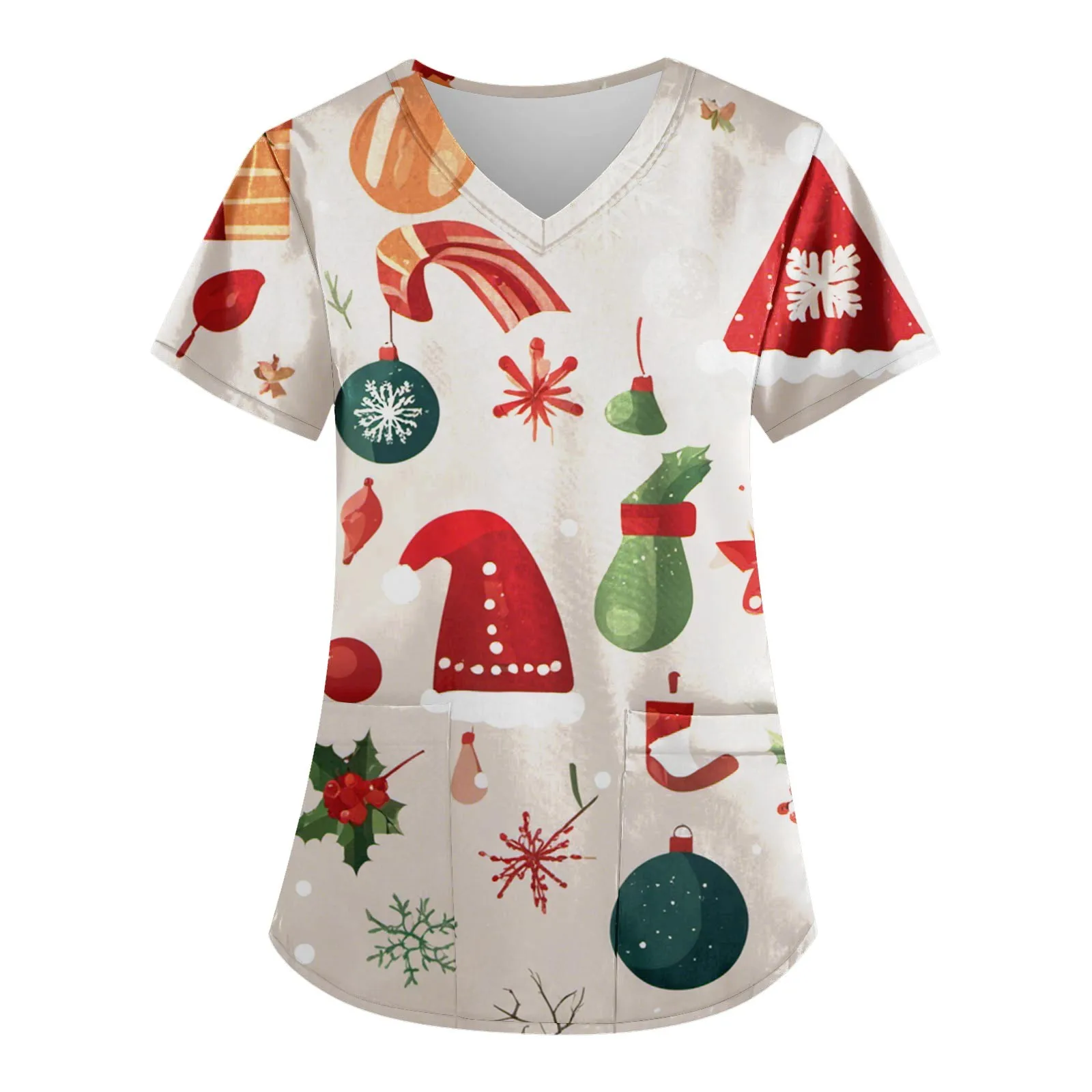 Kerstverpleegster Scrubs Tops Vrouwen Medisch Uniform Kerstman Print V-Hals Verpleegster Uniform Ziekenhuis Gezondheidszorg Spa T-Shirt Blouse