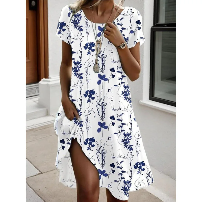 Women Dresses 2026 Summer New round neck simple floral printed casual knitted knee length dress women's clothing vestidoes