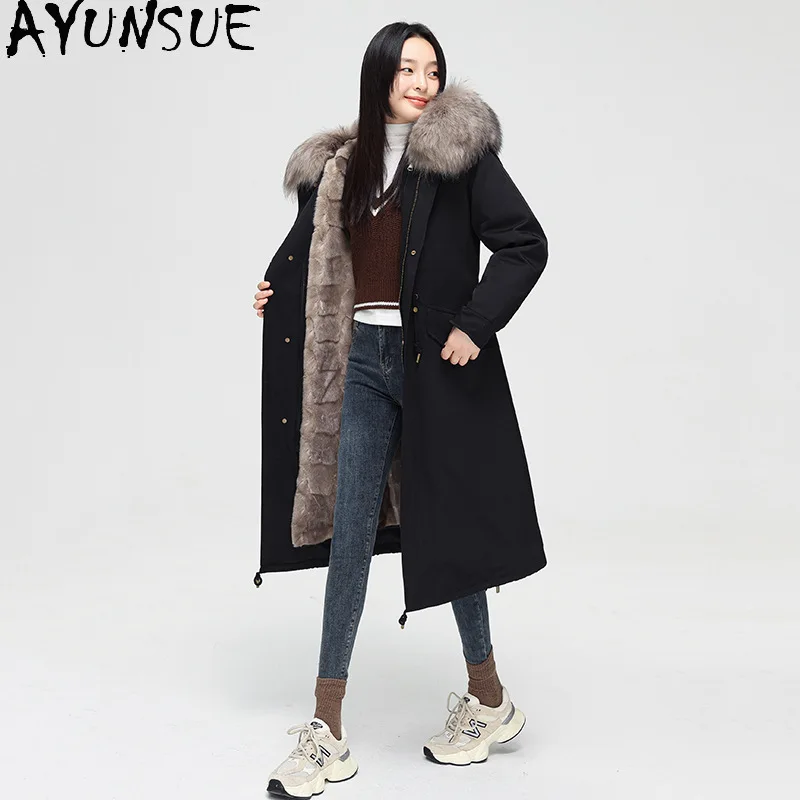 

AYUNSUE Real Fur Coat Women Genuine Real Mink liner detachable 2025 Winter Clothes Warm Fox Fur Collar Womens Parka Шуба Женская