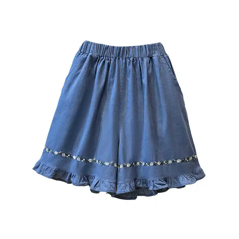 Summer Leisure Denim Shorts Women Loose Embroidery Decoration Elastic High Waist Wide Leg Short Jeans Lady Streetwear