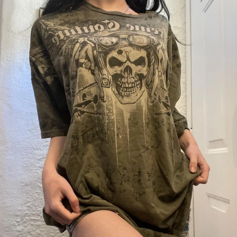 Punk Harajuku Grunge Short Sleeve Loose Tees E-girl Gothic Skulls Graphic Print T-shirt Y2K Aesthetic Vintage Pullovers Tops