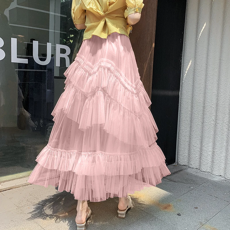 

Fairy Tulle Tiered Tutu Maxi Skirt Women 2024 Korean Fashion Fairy Gown Ruffles Mesh Cake Long Skirts Female