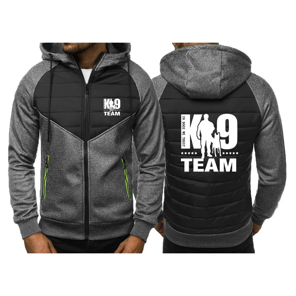 2024 New TRAINER K9 Team K9 Unit Malinois Spring and Autumn Tri-color Hooded Casual Men 100% Spliced Zipper Thin Jacket Tops