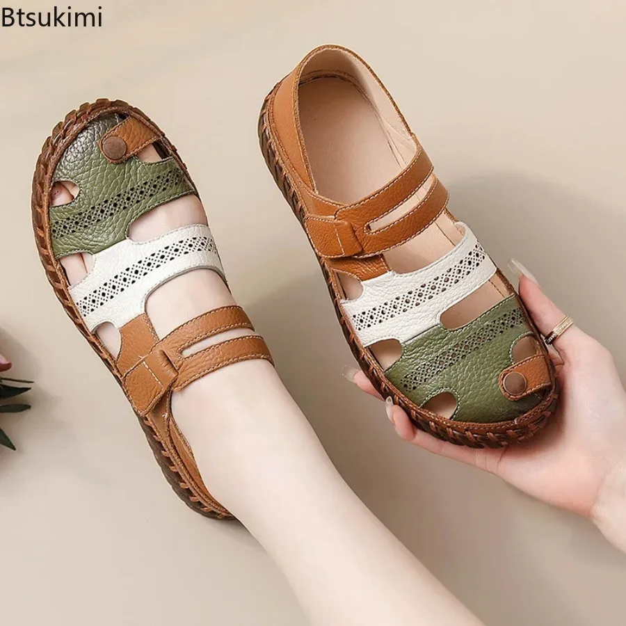 Newest Summer Big Size Sandals Women's Fashion Real Leather Sandals Patchwork Color-blocking Design Ladies Non-slip Casual Flats